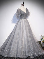 Gray V Neck Tulle Long Formal Prom Dress, Gray Tulle Sequin Evening Dress