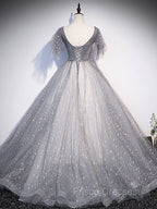 Gray V Neck Tulle Long Formal Prom Dress, Gray Tulle Sequin Evening Dress
