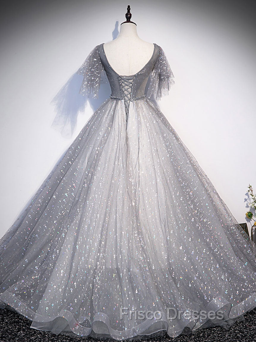 Gray V Neck Tulle Long Formal Prom Dress, Gray Tulle Sequin Evening Dress