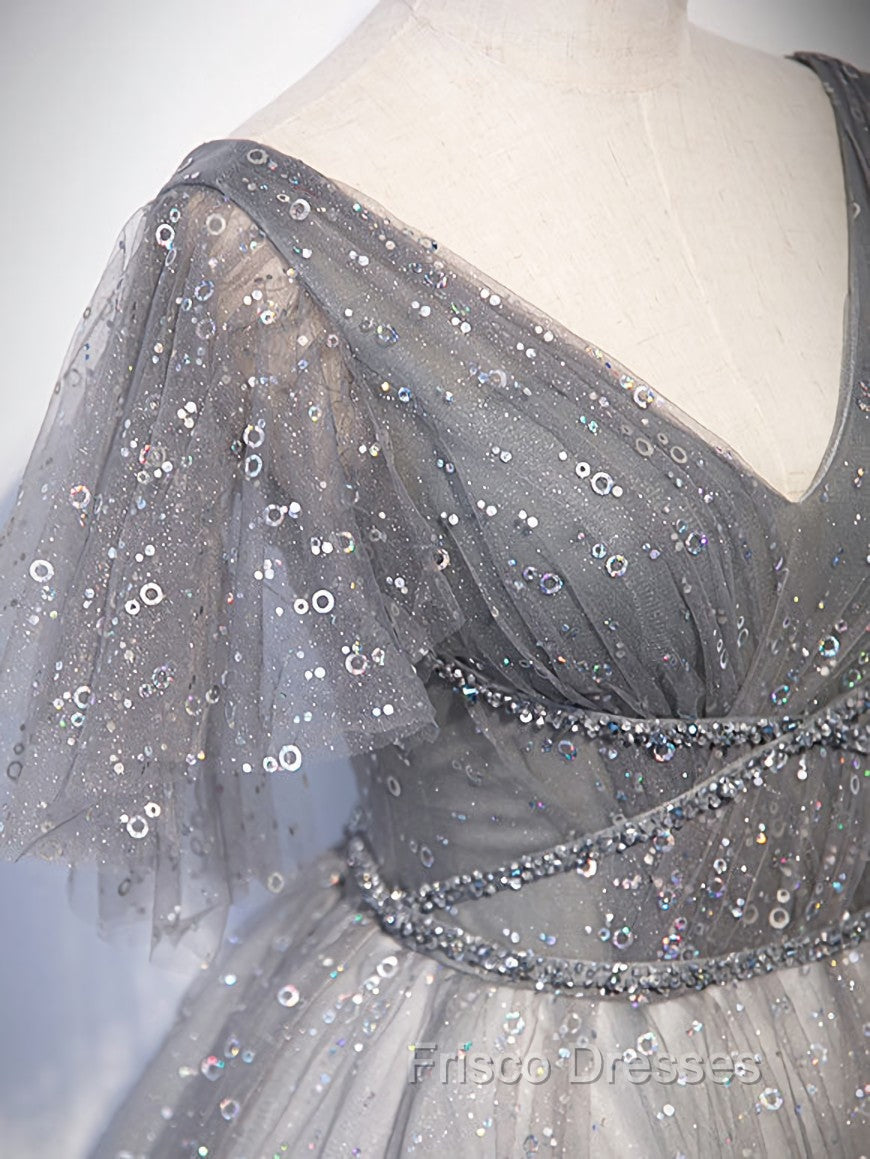 Gray V Neck Tulle Long Formal Prom Dress, Gray Tulle Sequin Evening Dress