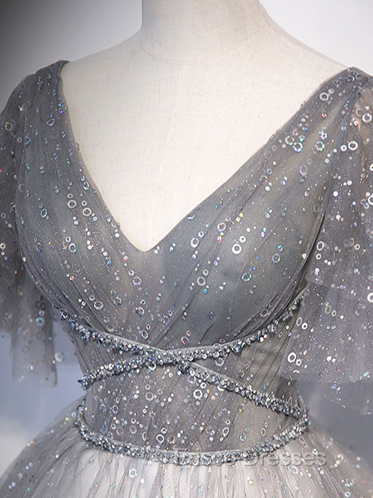 Gray V Neck Tulle Long Formal Prom Dress, Gray Tulle Sequin Evening Dress