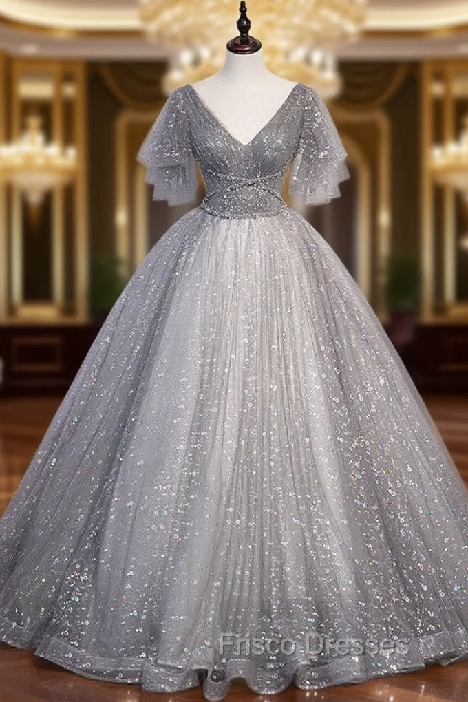 Gray V Neck Tulle Long Formal Prom Dress, Gray Tulle Sequin Evening Dress