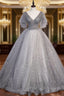 Gray V Neck Tulle Long Formal Prom Dress, Gray Tulle Sequin Evening Dress