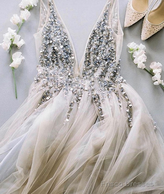 Gray V Neck Tulle Sequin Beads Long Prom Dress, Gray Tulle Evening Dress Main image