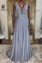 Gray v neck tulle sequin long Formal Prom Dresses, gray evening Dresses