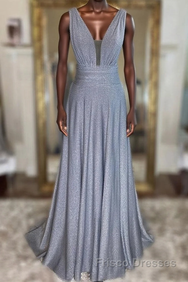 Gray v neck tulle sequin long Formal Prom Dresses, gray evening Dresses
