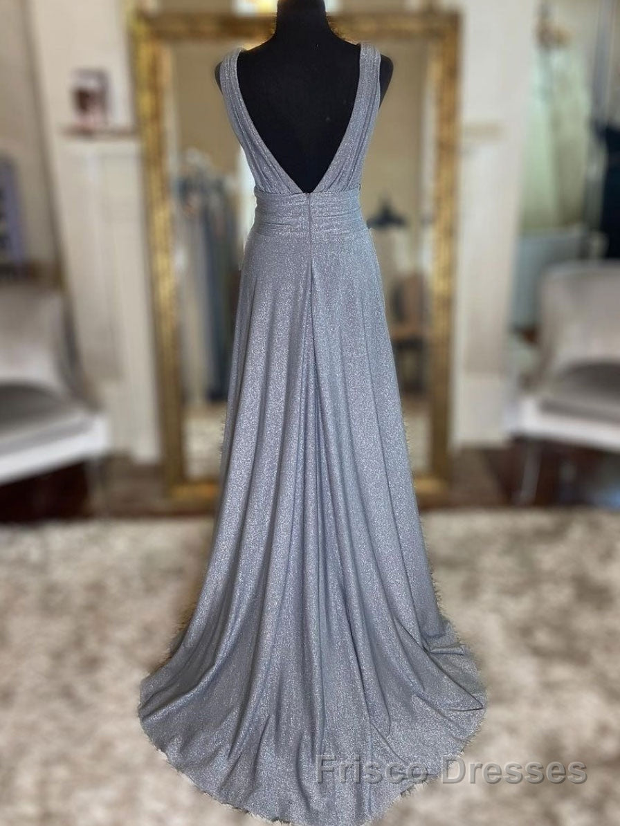 Gray v neck tulle sequin long Formal Prom Dresses, gray evening Dresses Secondary image