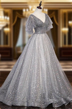 Gray V-Neck Tulle Sequins Long Formal Prom Dress, A-Line Short Sleeve Evening Dress