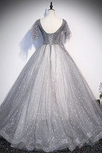 Gray V-Neck Tulle Sequins Long Formal Prom Dress, A-Line Short Sleeve Evening Dress