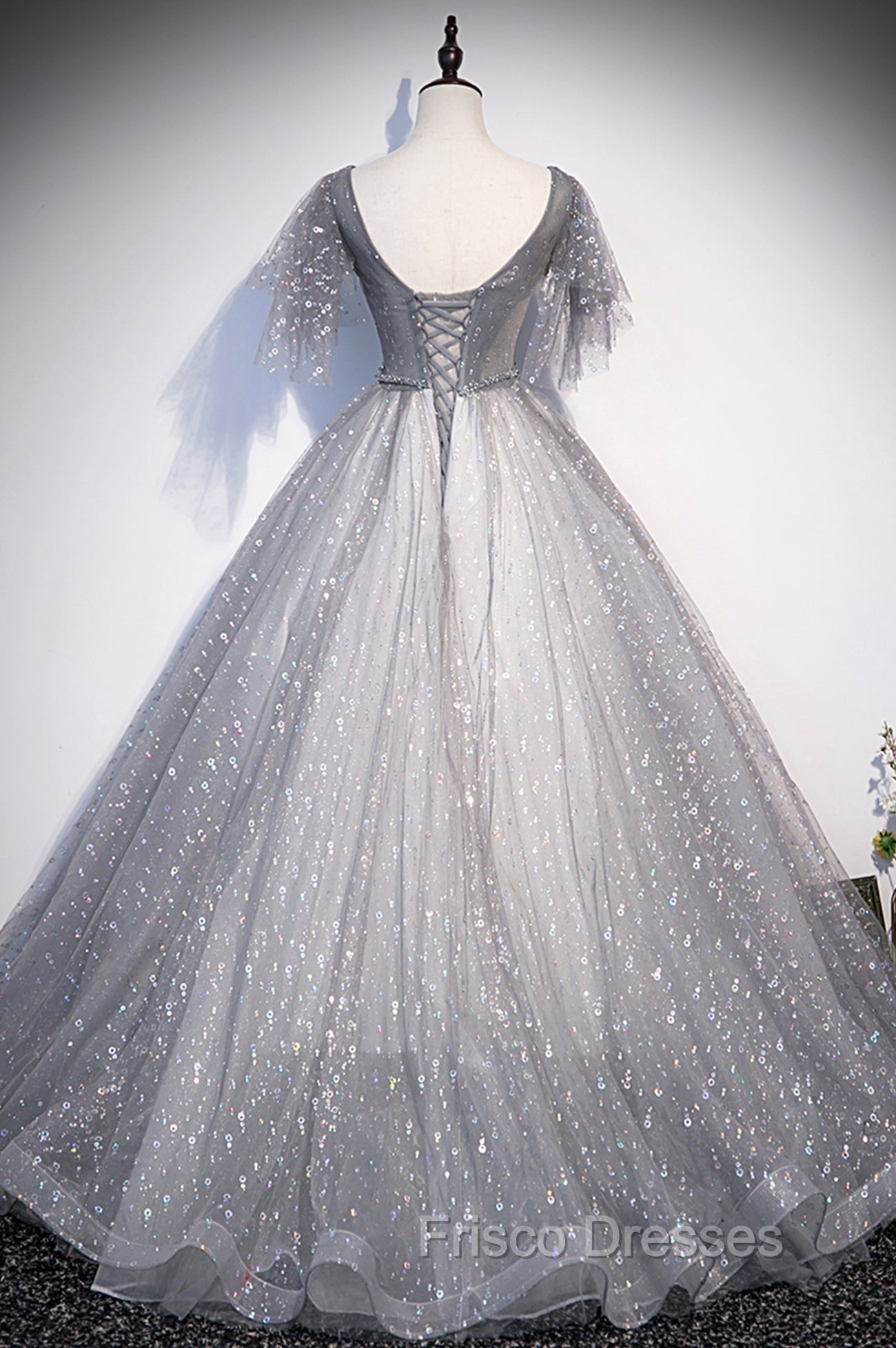 Gray V-Neck Tulle Sequins Long Formal Prom Dress, A-Line Short Sleeve Evening Dress