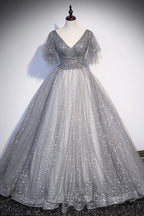 Gray V-Neck Tulle Sequins Long Formal Prom Dress, A-Line Short Sleeve Evening Dress