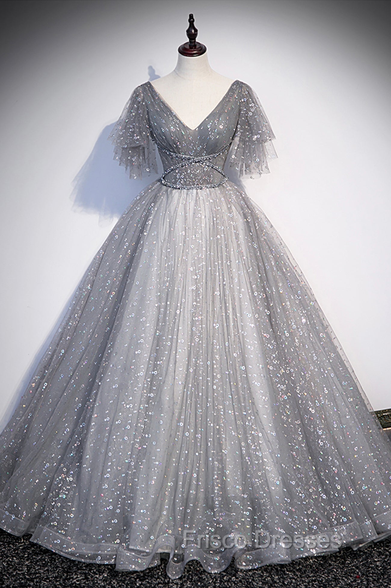 Gray V-Neck Tulle Sequins Long Formal Prom Dress, A-Line Short Sleeve Evening Dress