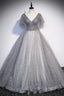 Gray V-Neck Tulle Sequins Long Formal Prom Dress, A-Line Short Sleeve Evening Dress