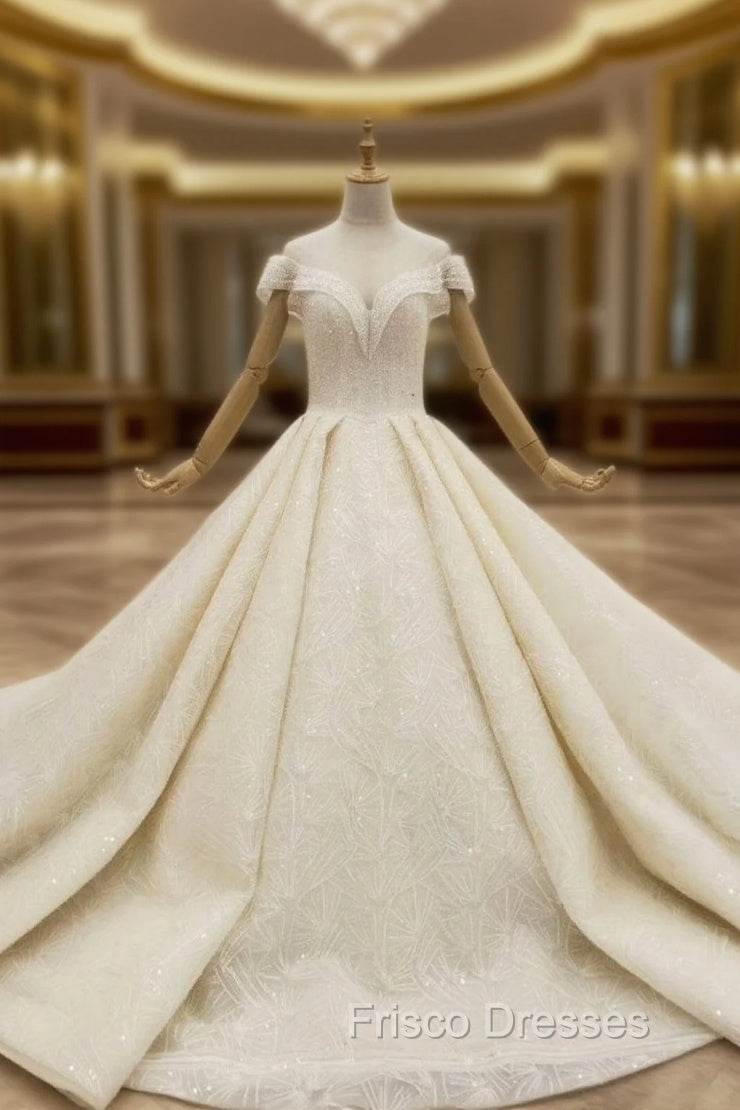 Great Choice Champagne Ball Gown Sequins Cap Sleeve Beading Wedding Dress