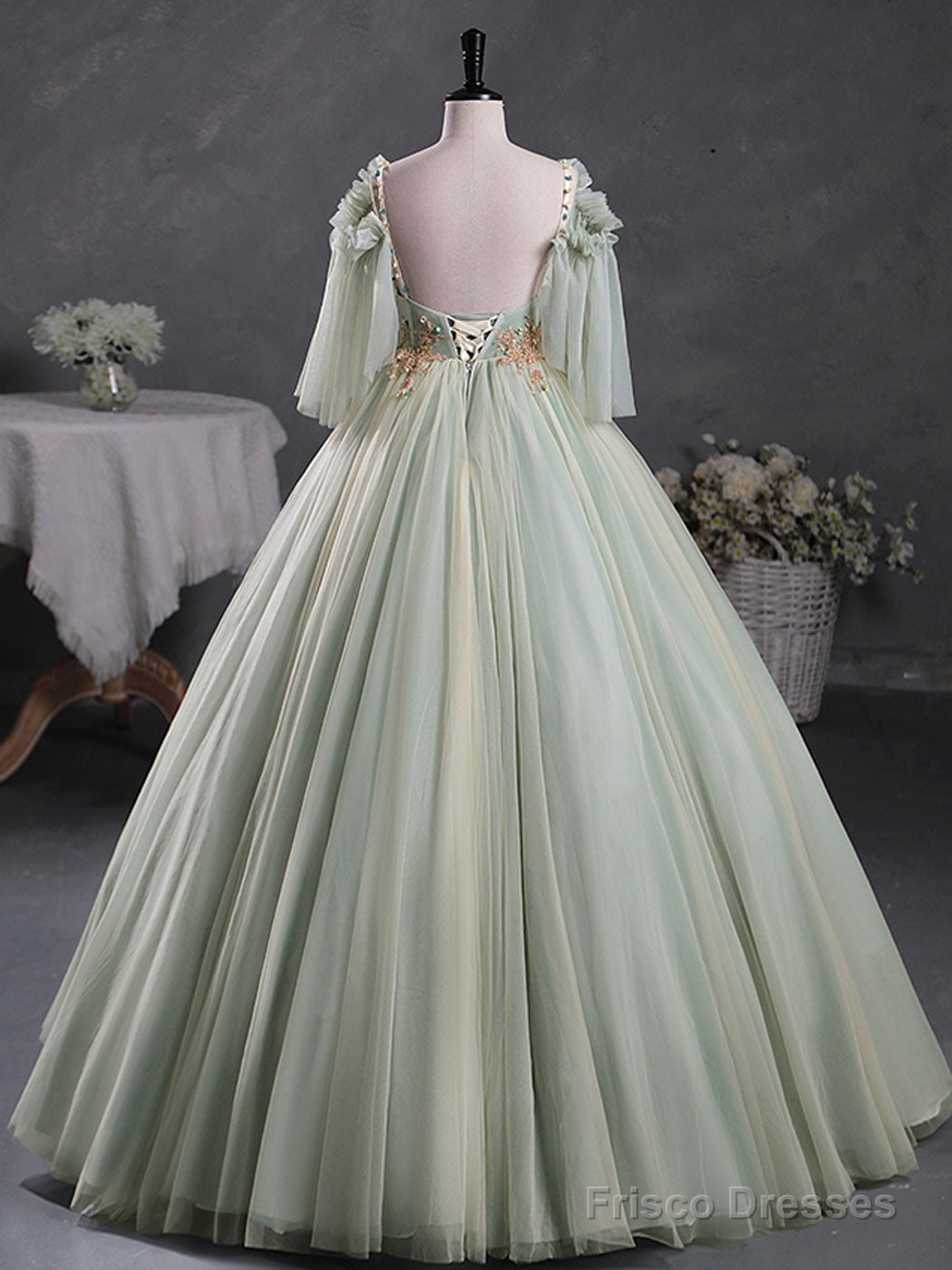 Green A-Line 3D Lace Long Prom Dress, Green Lace Sweet 16 Dress Secondary image