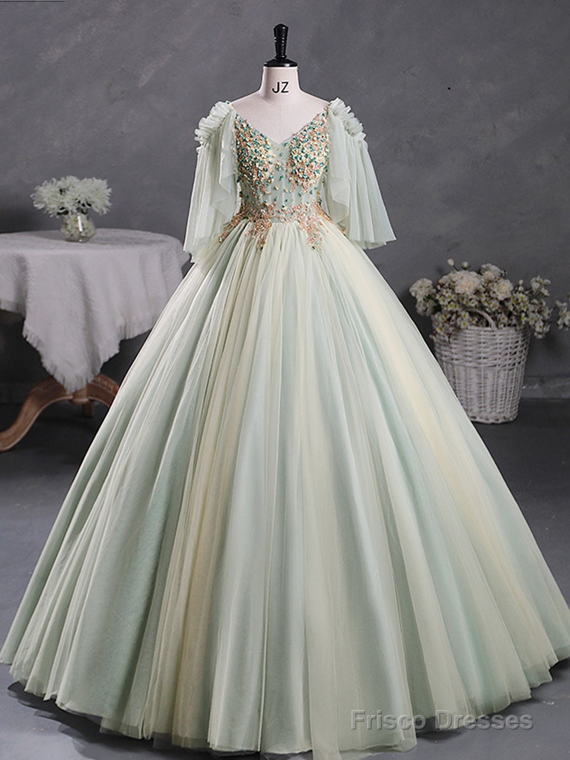 Green A-Line 3D Lace Long Prom Dress, Green Lace Sweet 16 Dress Main image