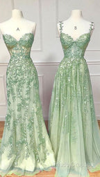 Green A Line Applique Mermaid Lace Long Formal Prom Dress