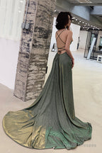 Green A-Line Backless Long Prom Dresses, Evening Dresses
