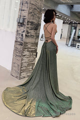 Green A-Line Backless Long Prom Dresses, Evening Dresses