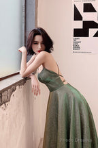 Green A-Line Backless Long Prom Dresses, Evening Dresses
