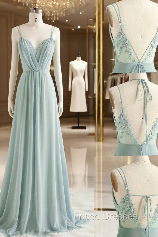 Green A line Chiffon Lace Long Formal Prom Dress, Lace Bridesmaid Dress