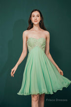 A-line Embroidery Chiffon Short Strapless Corset Back Beaded Homecoming Dresses