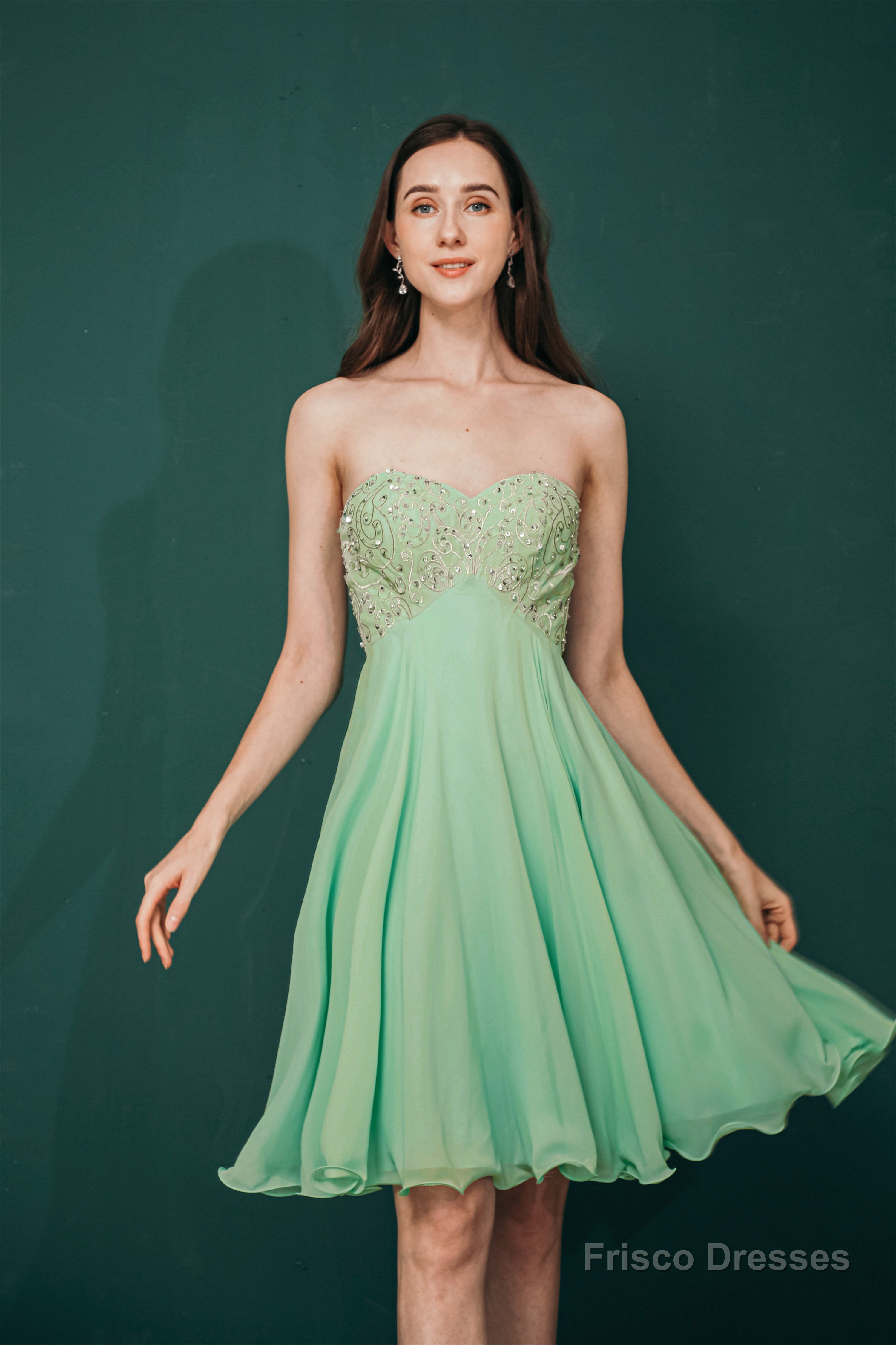 A-line Embroidery Chiffon Short Strapless Corset Back Beaded Homecoming Dresses
