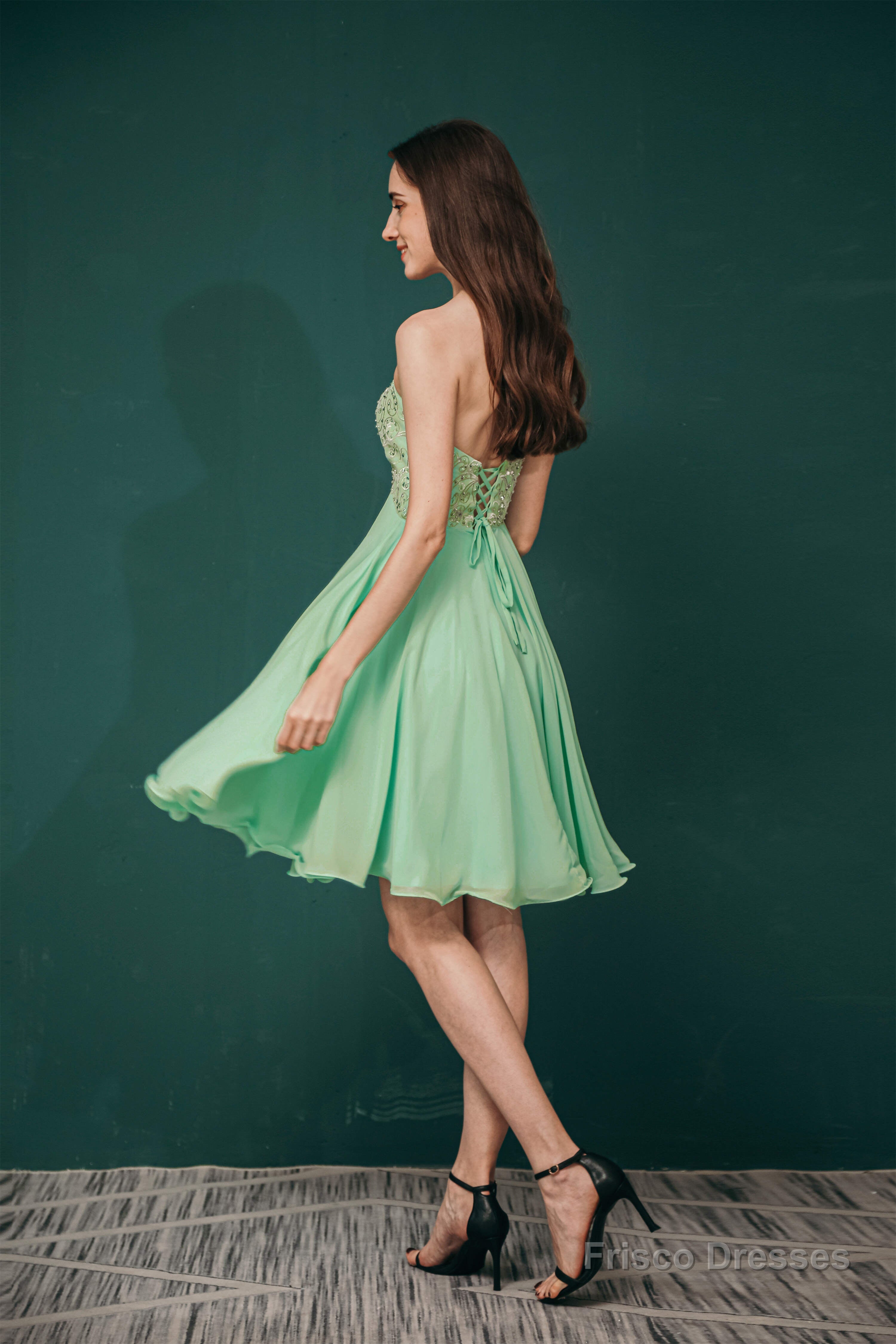 A-line Embroidery Chiffon Short Strapless Corset Back Beaded Homecoming Dresses