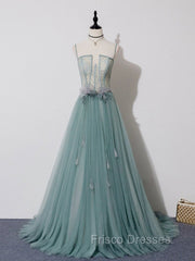Green A Line Lace Long Formal Prom Dress, A Line Green Lace Long Formal Evening Dress
