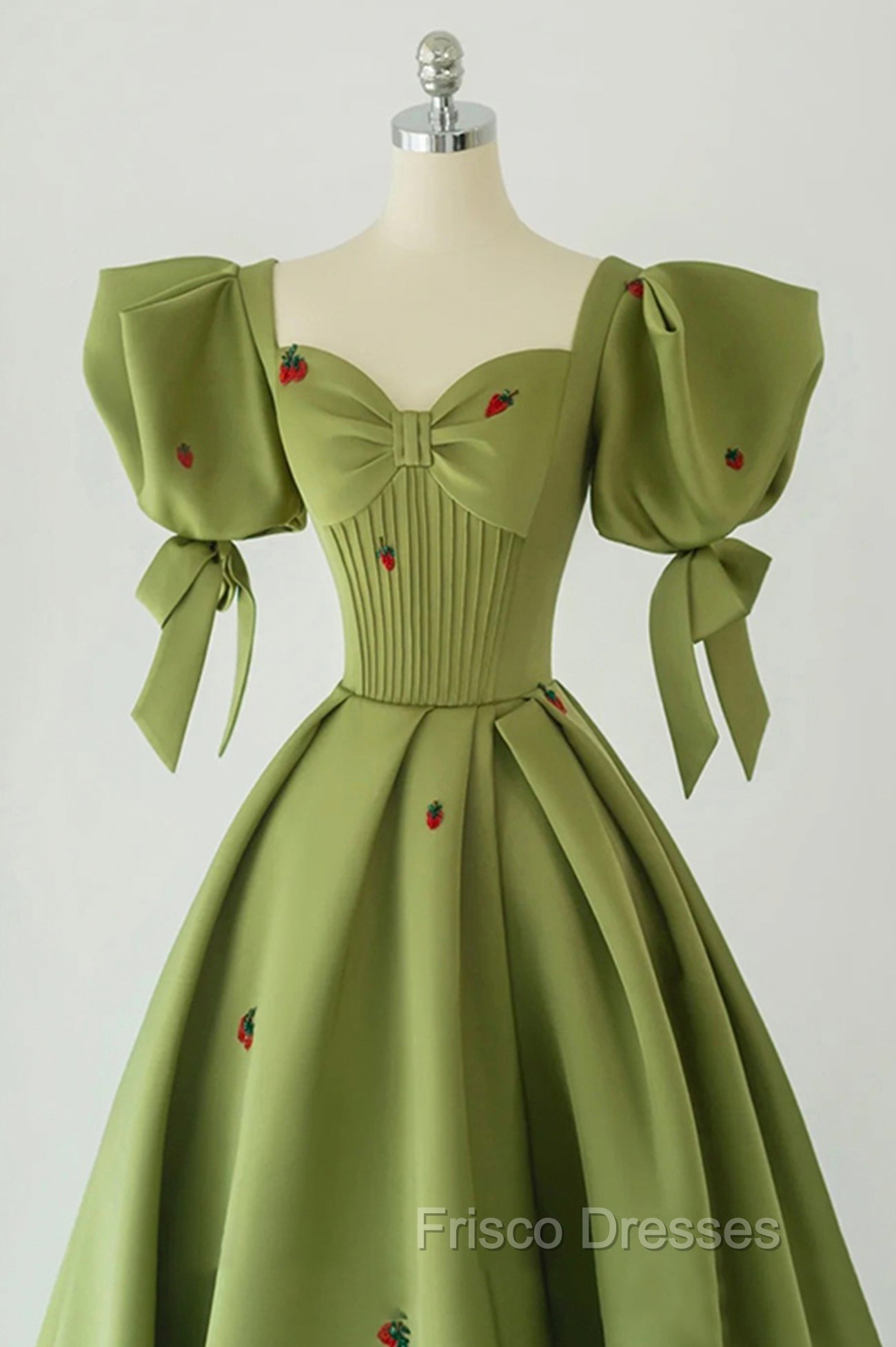 Green A-Line Long Formal Prom Dress Strawberry Lace, Lovely Short Sleeve Evening Dress Secondary image