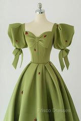 Green A-Line Long Formal Prom Dress Strawberry Lace, Lovely Short Sleeve Evening Dress