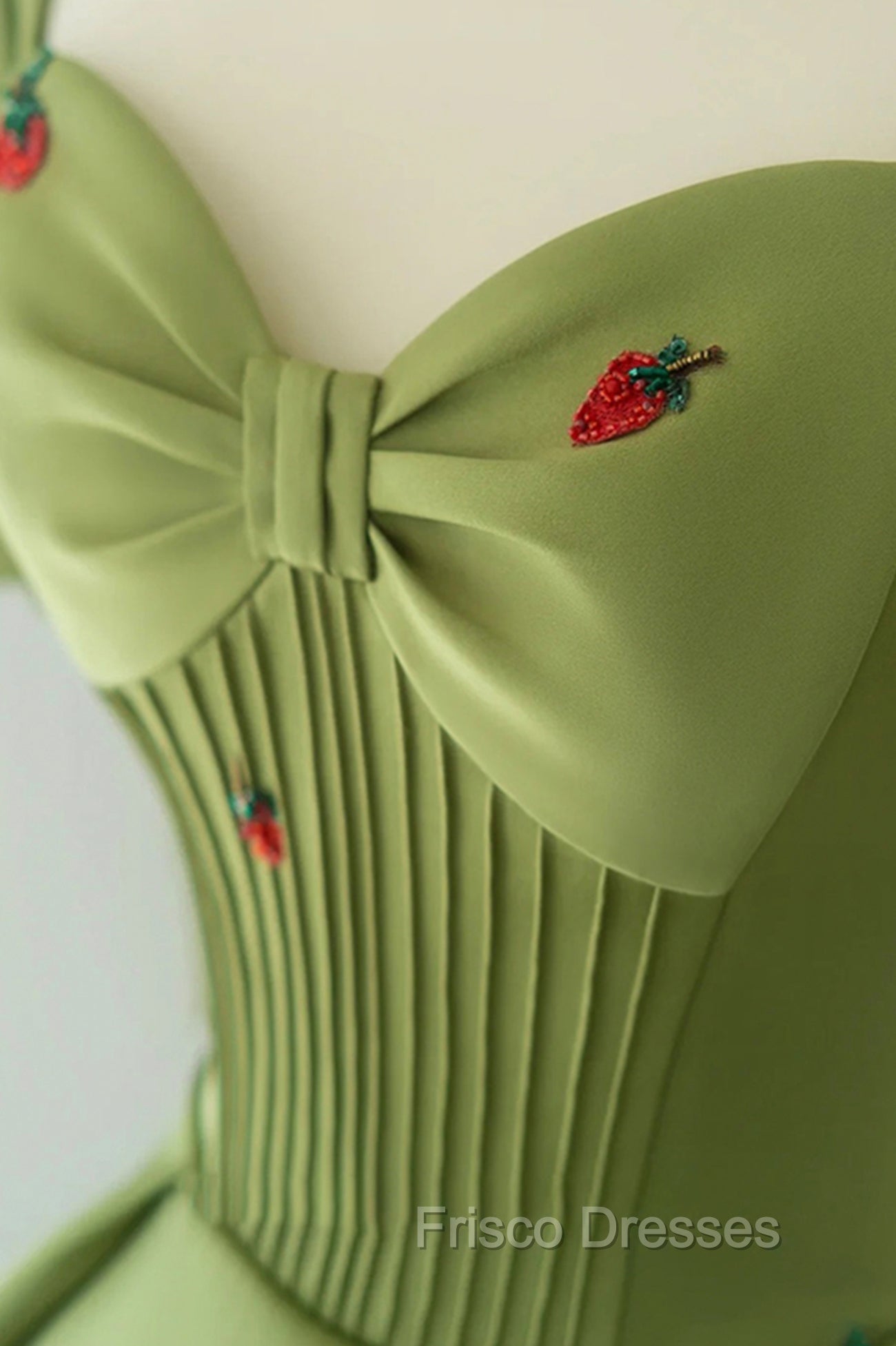 Green A-Line Long Formal Prom Dress Strawberry Lace, Lovely Short Sleeve Evening Dress