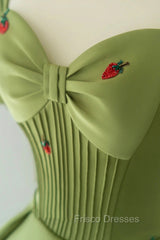 Green A-Line Long Formal Prom Dress Strawberry Lace, Lovely Short Sleeve Evening Dress