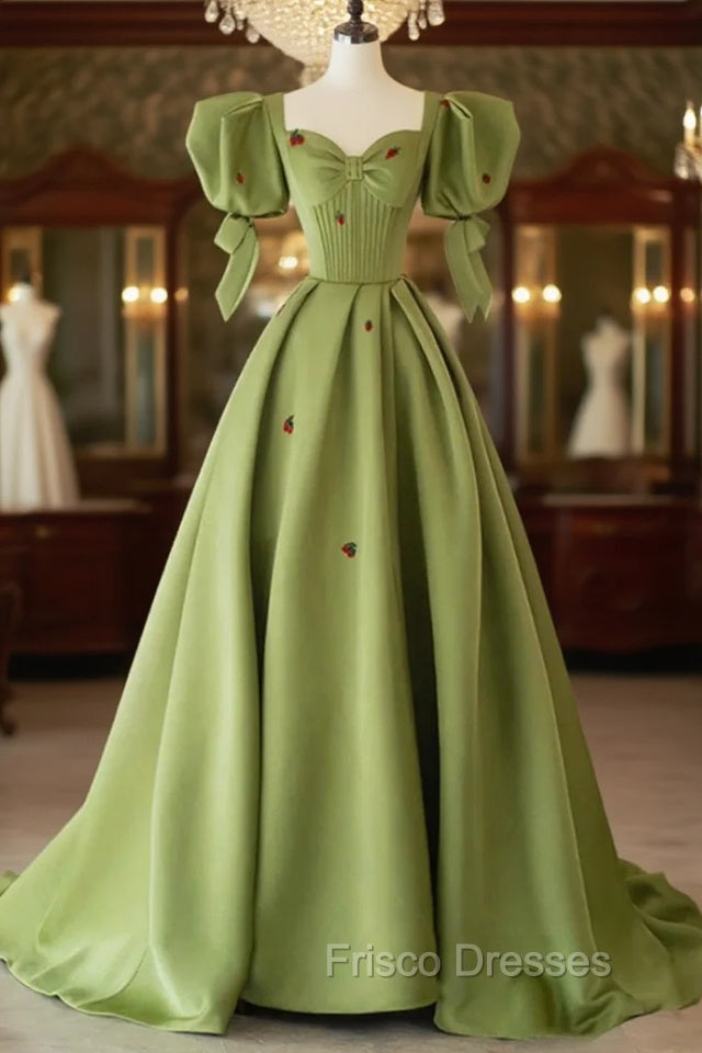 Green A-Line Long Formal Prom Dress Strawberry Lace, Lovely Short Sleeve Evening Dress