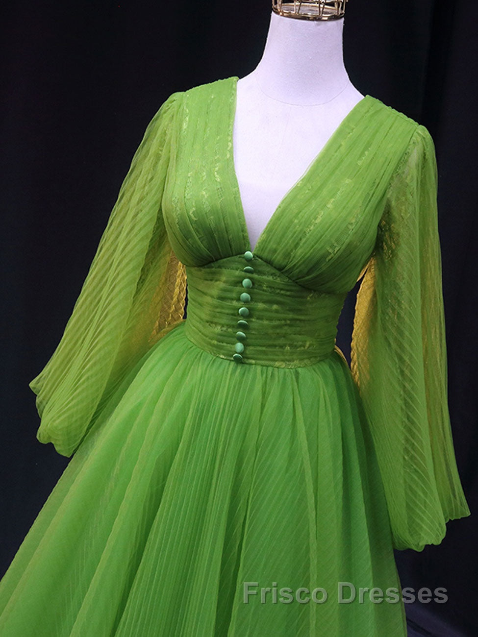 Green A Line Long Formal Prom Dresses, V Neck Green Tulle Long Formal Evening Dresses