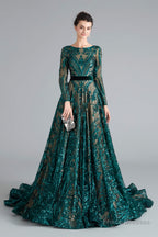 A-Line Luxury Sequins Long Sleeve Backless Prom Dresses