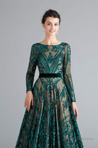 A-Line Luxury Sequins Long Sleeve Backless Prom Dresses