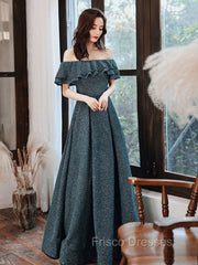 Green A Line Off Shoulder Long Formal Prom Dress, Green Bridesmaid Dress