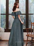 Green A Line Off Shoulder Long Formal Prom Dress, Green Bridesmaid Dress