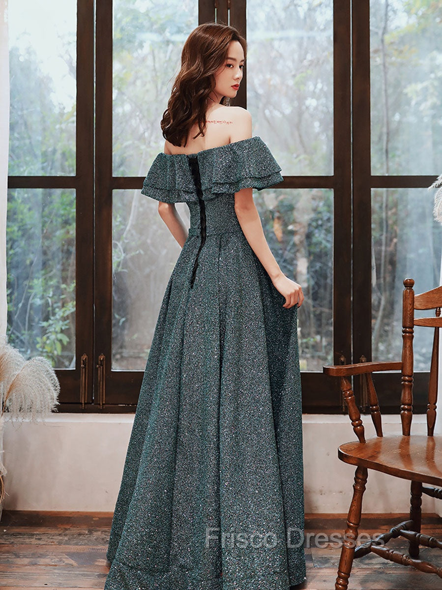 Green A Line Off Shoulder Long Formal Prom Dress, Green Bridesmaid Dress