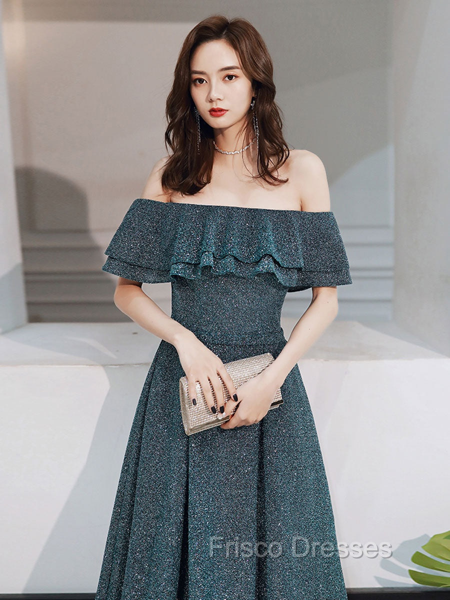Green A Line Off Shoulder Long Formal Prom Dress, Green Bridesmaid Dress