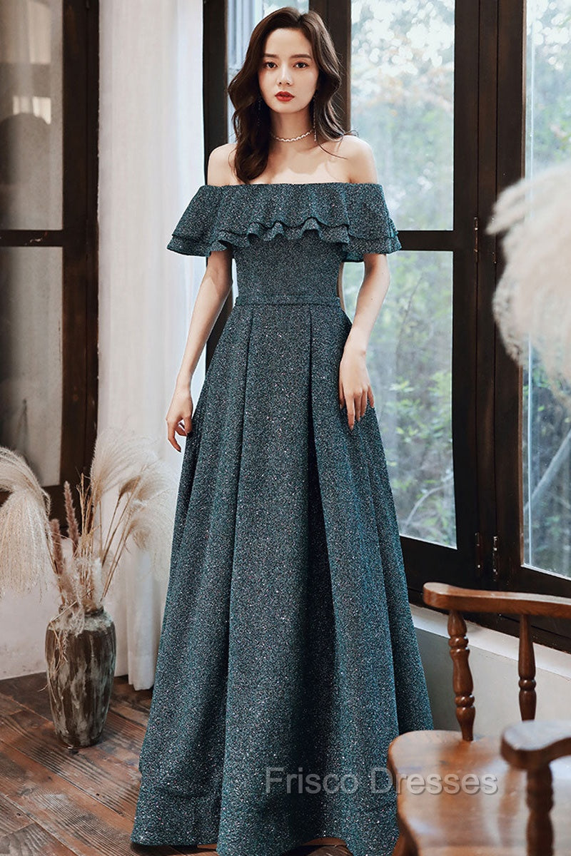 Green A Line Off Shoulder Long Formal Prom Dress, Green Bridesmaid Dress Main image