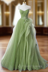 Green A-Line Long Formal Prom Dress, Green Lace Long Evening Dress