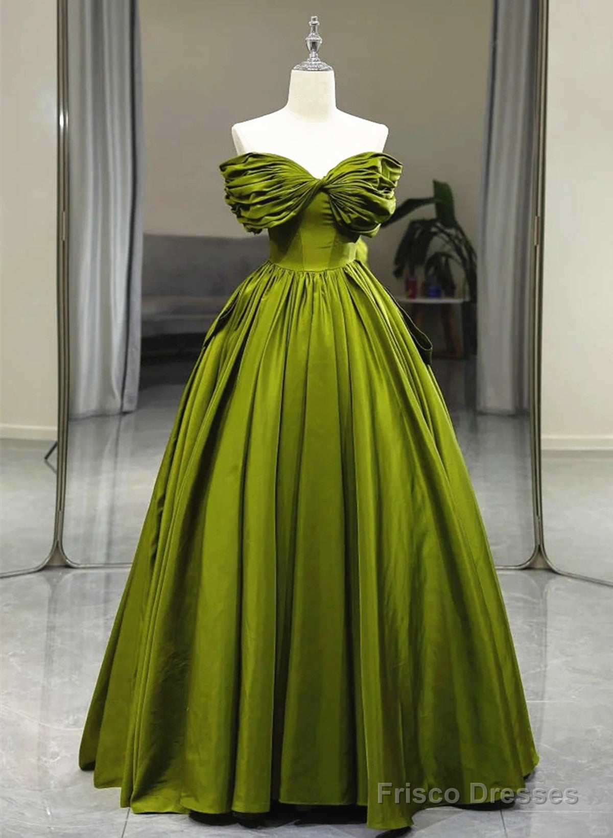 Green A-Line Off Shoulder Satin Long Party Dress, Green Satin Formal Dress Prom Dress Main image