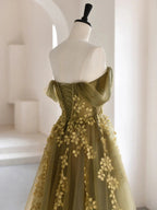 Olive Green A-Line  Off Shoulder Tulle Lace Long Prom Dress, Green Tulle Formal Dress