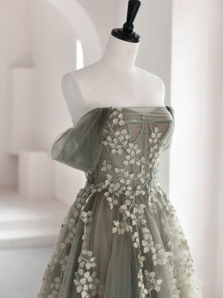 Olive Green A-Line  Off Shoulder Tulle Lace Long Prom Dress, Green Tulle Formal Dress