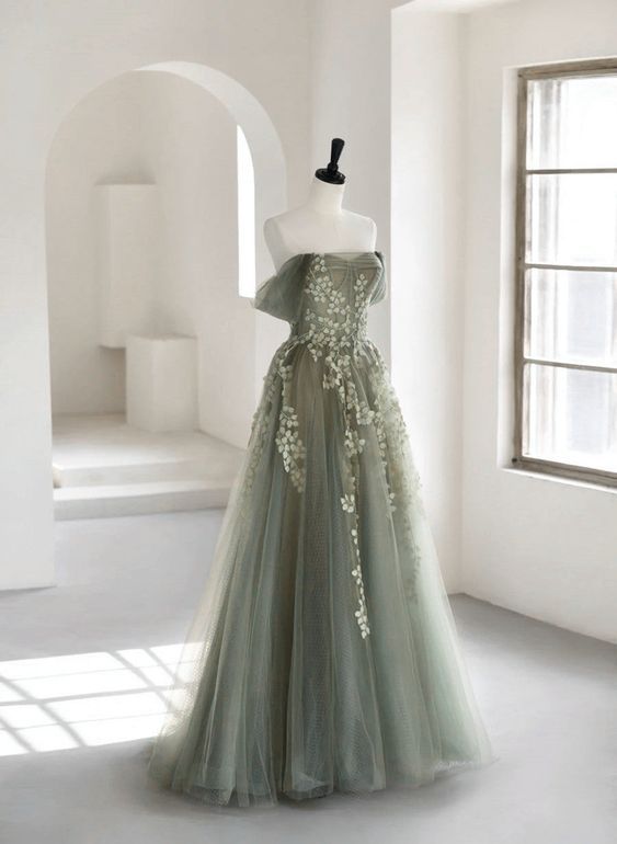 Olive Green A-Line  Off Shoulder Tulle Lace Long Prom Dress, Green Tulle Formal Dress
