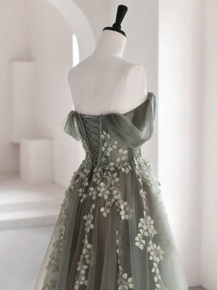 Olive Green A-Line  Off Shoulder Tulle Lace Long Prom Dress, Green Tulle Formal Dress