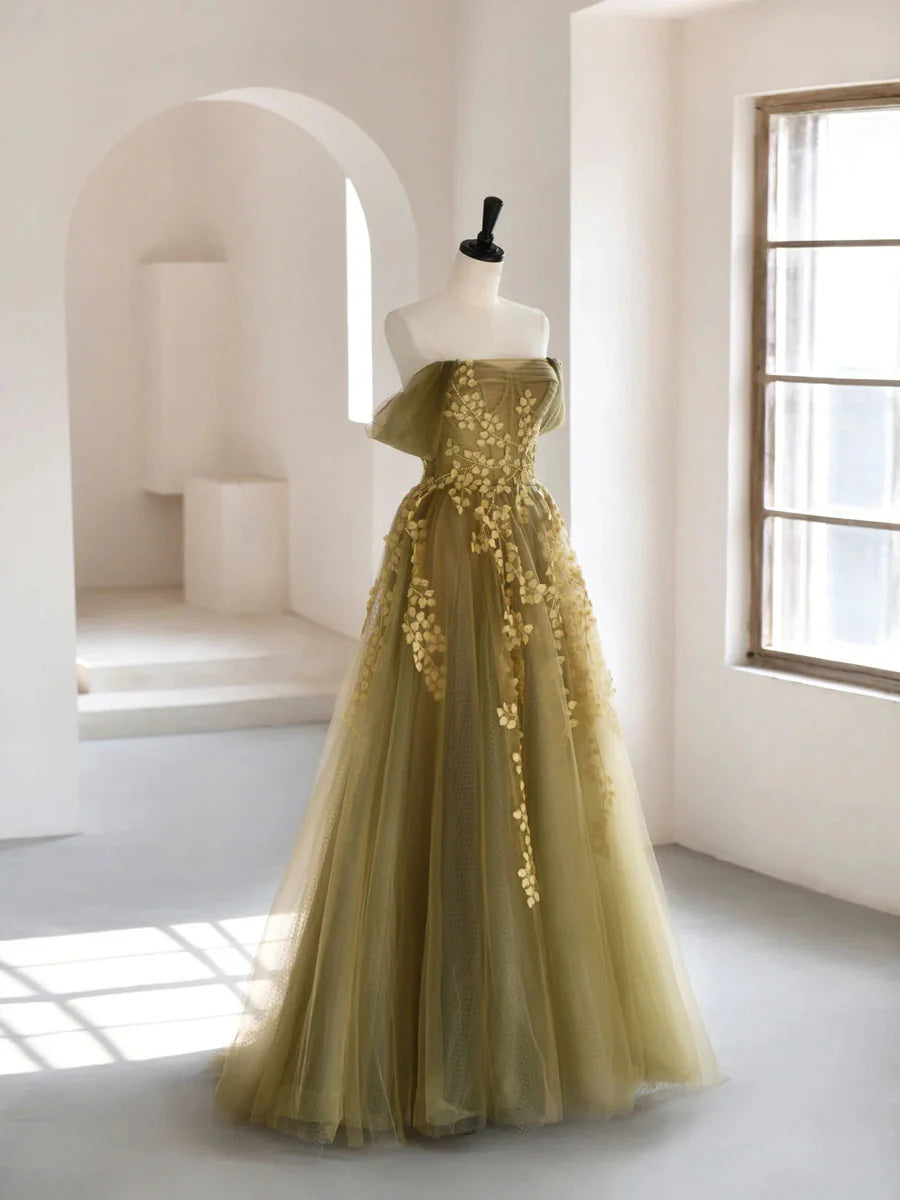 Olive Green A-Line  Off Shoulder Tulle Lace Long Prom Dress, Green Tulle Formal Dress