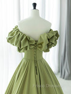 Green A-Line Satin Long Formal Prom Dress, Green Formal Evening Dress